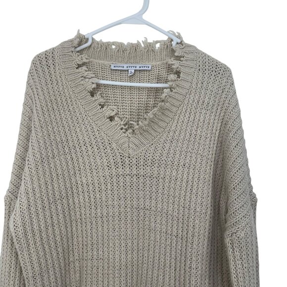 HYFVE Distressed Beige Distressed V-Neck Knit Sweater - Womens Size L - Picture 11 of 11